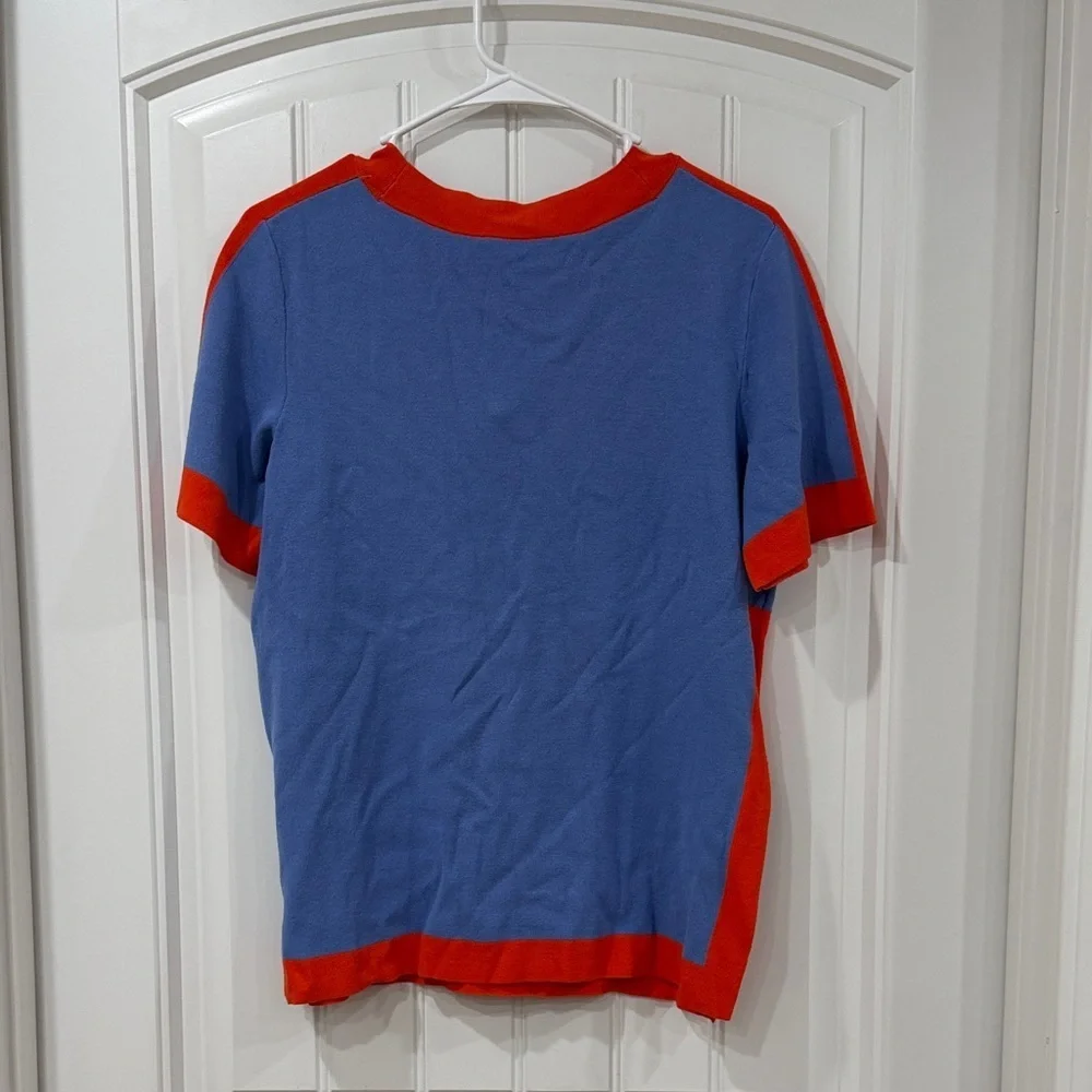 EUC Tory Burch Light Blue Short Sleeve Sweater with Orange Trim